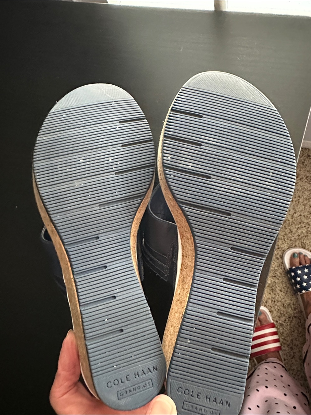 Cole Haan blue leather sandals with gold logo accent and cork souls, size 7 - Picture 7 of 7